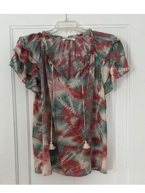 Rose + Olive 1X Tie Dye Blouse | Flutter Sleeve Boho Tassel Tie Top